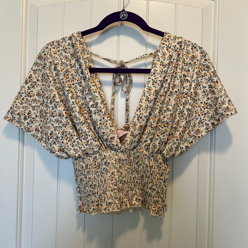 Pink Lily Ditsy Floral BrownYellowTeal Floral Smocked Crop Top, Small Tie back
